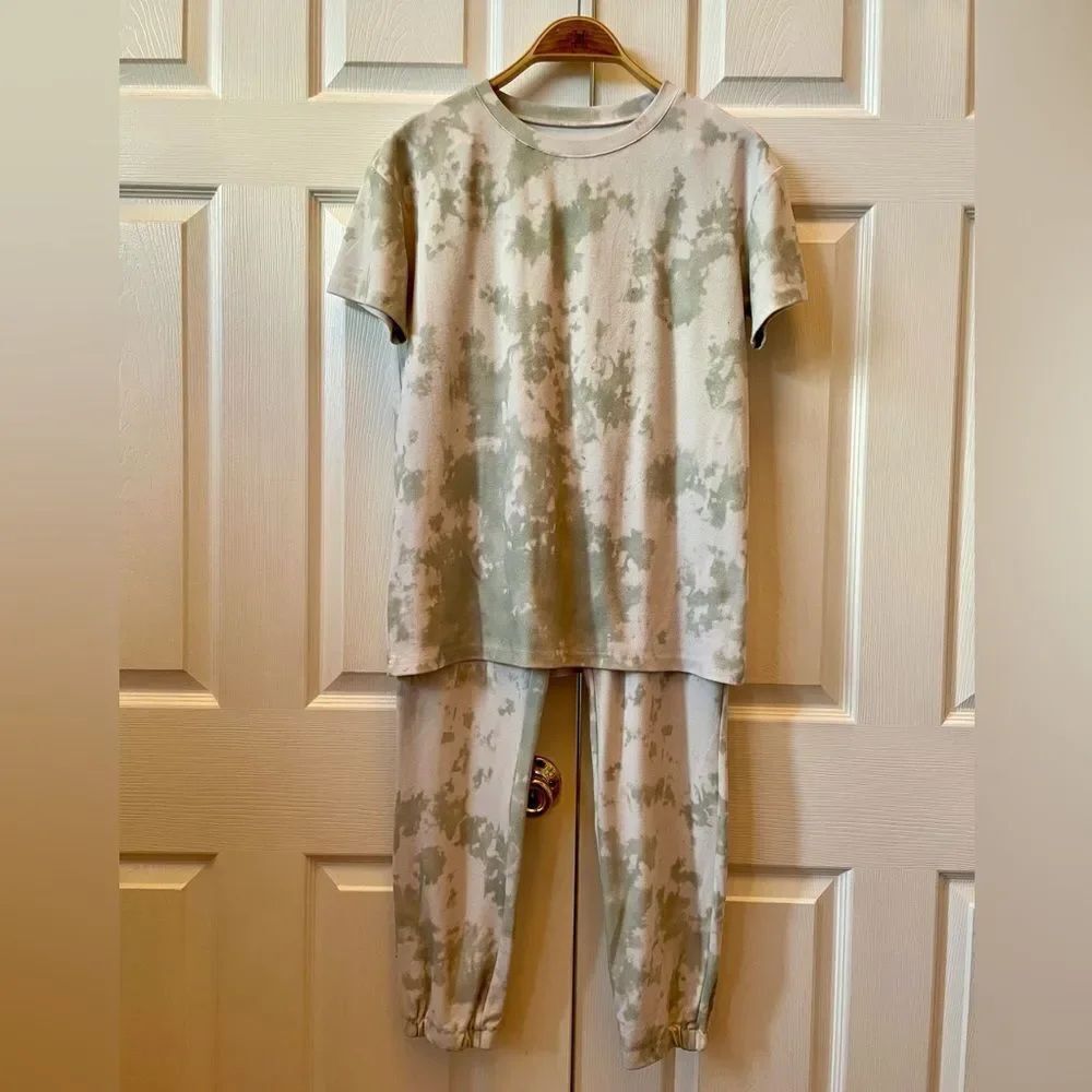 LadiesTie-Dye Pajama Set - Green and White Size Small